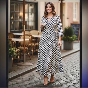 Harper 241 Dress black white geo houndstooth faux wrap midi size 16 NWT